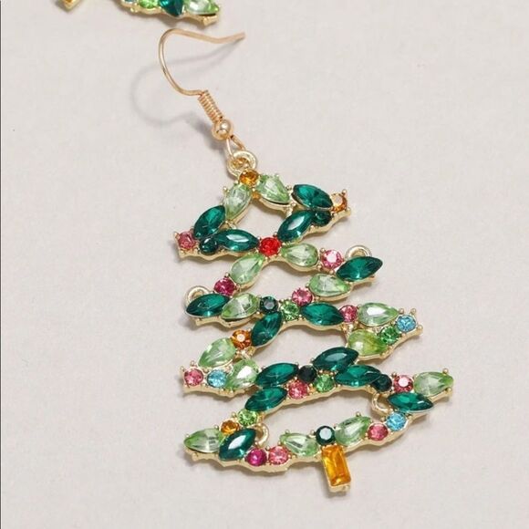 Holiday Crystal Rhinestone Christmas Tree Chandelier Drop Earrings - Picture 3 of 7